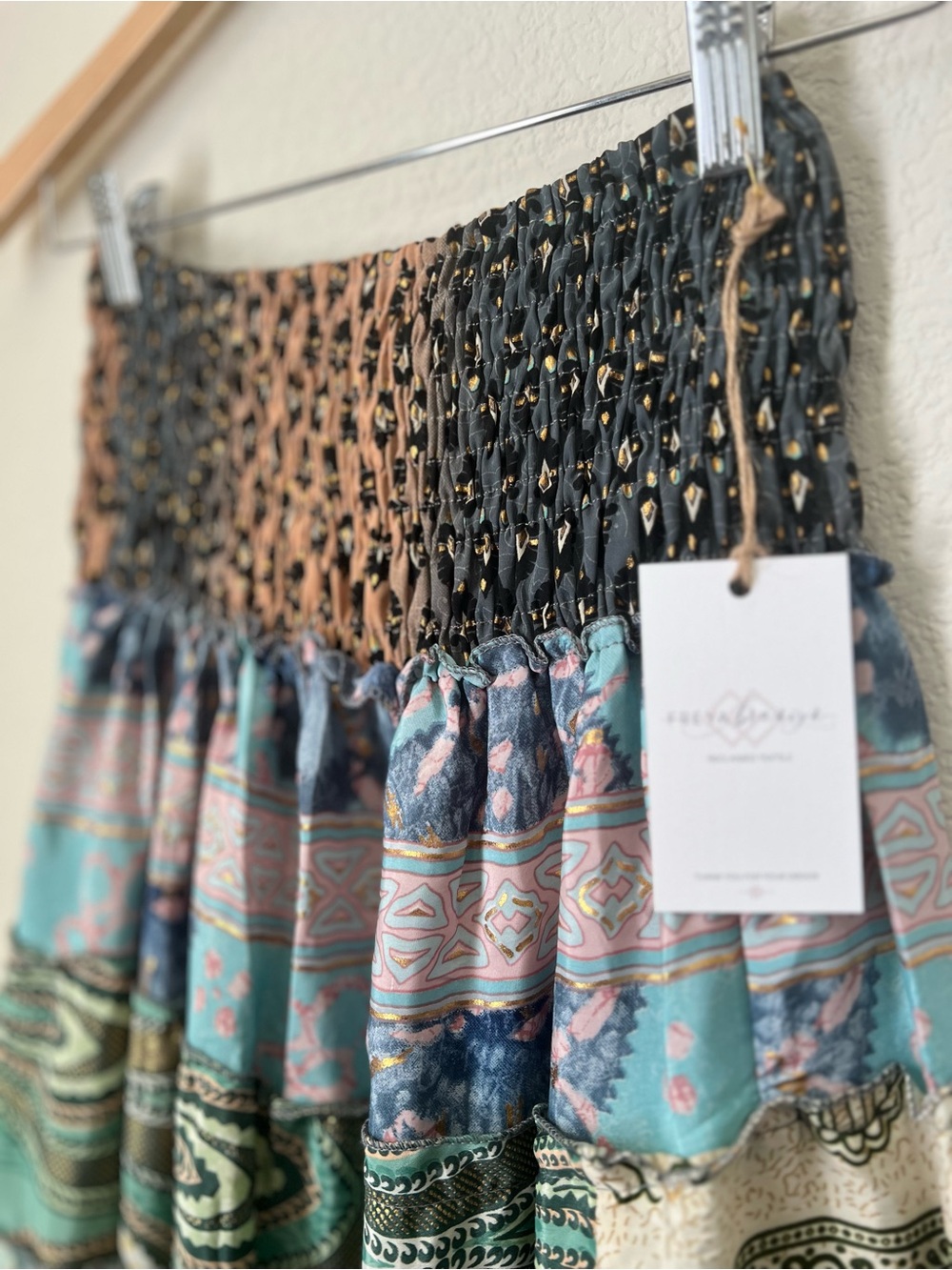 Boho Tiered Maxi Skirt in Teal Multicolor Patchwork - Picture 8 of 9